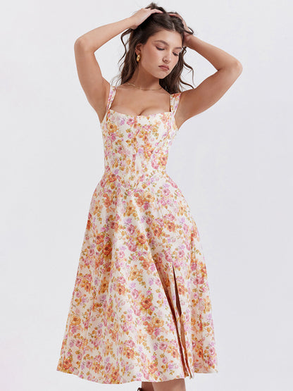 Women's Slim Suspender Sexy Slit Floral Dress