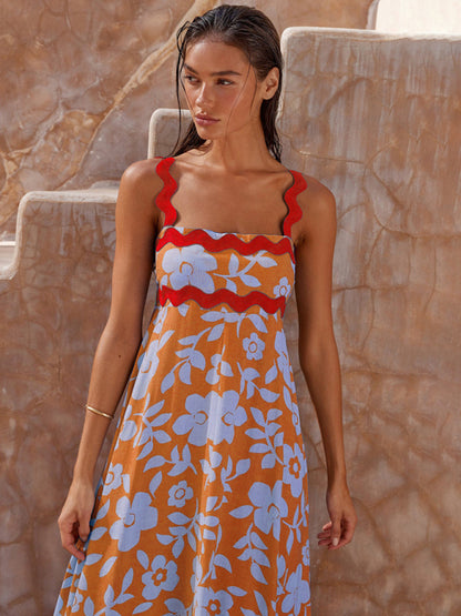 Women's fashion suspender long printed long dress