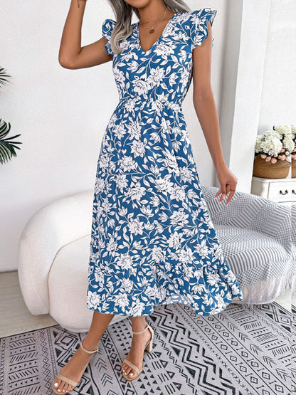 Women's printed V-neck floral waistband holiday dress