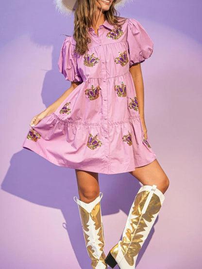 Women's Crown Sequin Puff Sleeve Shirt Dress
