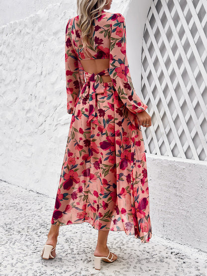 New women's V-neck ruffled waist hollow holiday casual printed dress