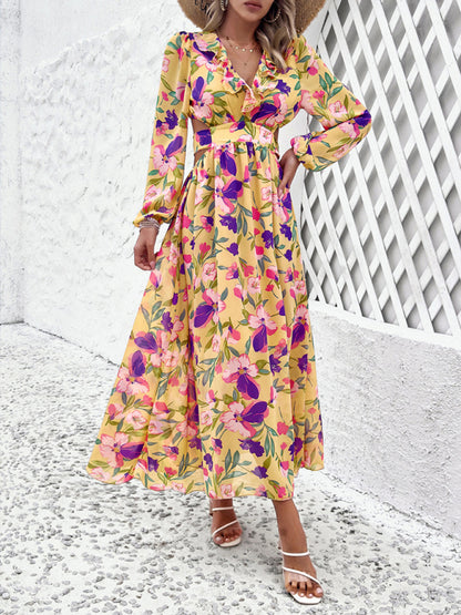 New women's V-neck ruffled waist hollow holiday casual printed dress