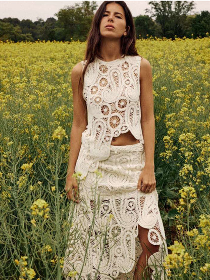 Women's Fashion Retro Half-Slit Irregular Design Round Neck Sleeveless Vest + Skirt Set