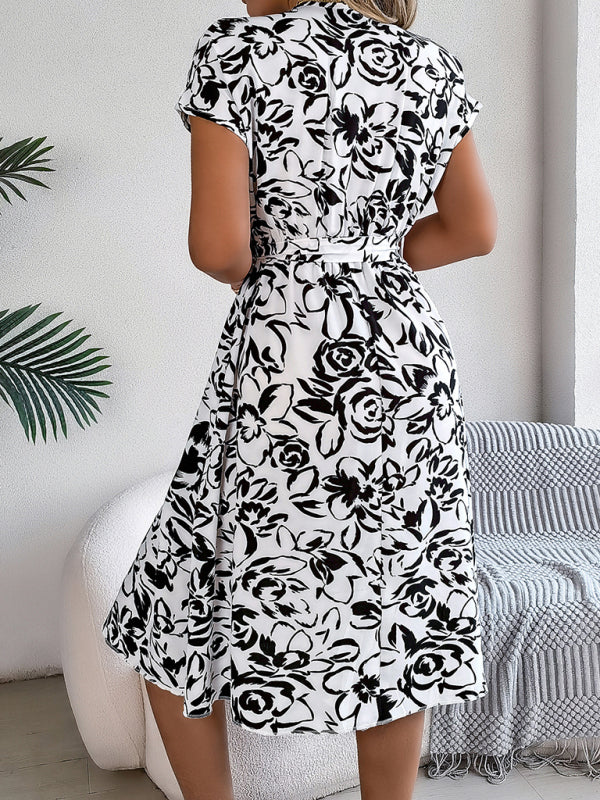 New casual V-neck button-down bat-sleeve floral dress