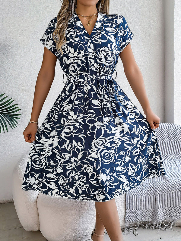 New casual V-neck button-down bat-sleeve floral dress