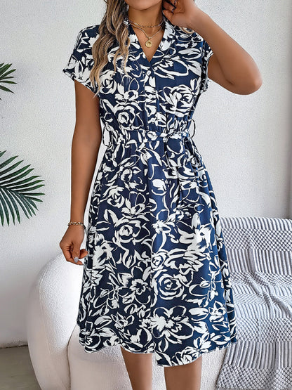 New casual V-neck button-down bat-sleeve floral dress