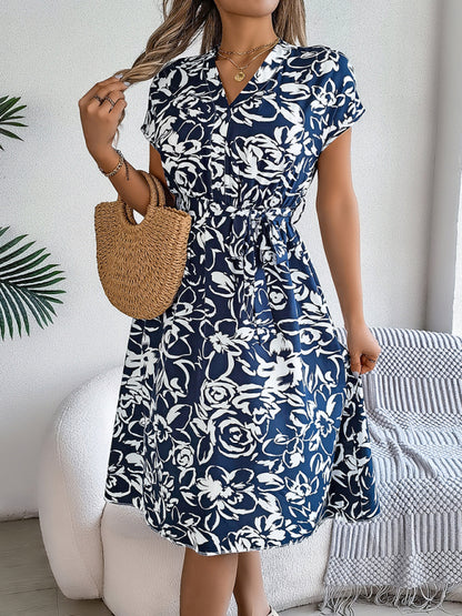 New casual V-neck button-down bat-sleeve floral dress