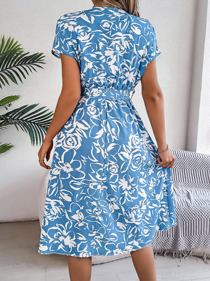 New casual V-neck button-down bat-sleeve floral dress