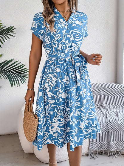 New casual V-neck button-down bat-sleeve floral dress
