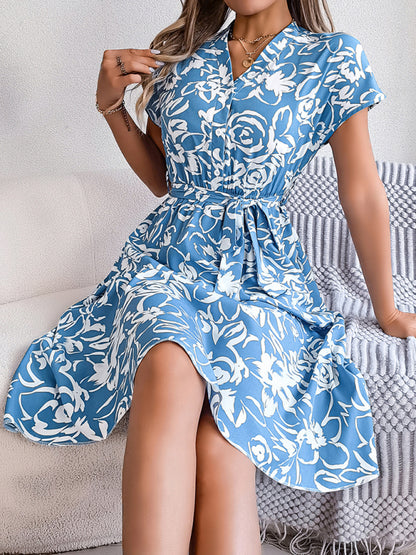 New casual V-neck button-down bat-sleeve floral dress