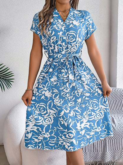 New casual V-neck button-down bat-sleeve floral dress