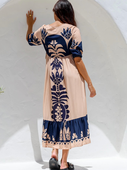 Women's Printed Drawstring Dress Half Sleeve Fashion Loose Casual Dress