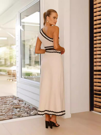 New women's elegant slant collar lace stitching dress